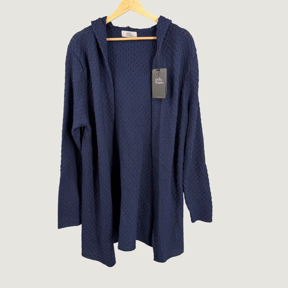 Polo Mano Navy Blue Waffle Knit Hooded Cardigan One Size New Long Duster Sweater
